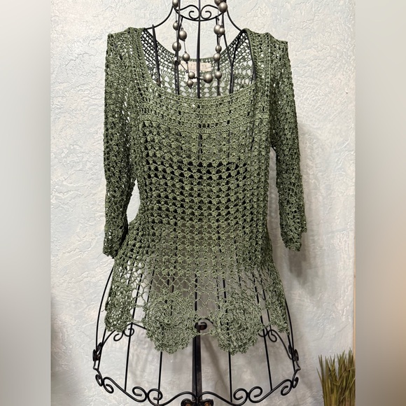 BETTE PAIGE Sweaters - BETTE PAIGE Elegant Olive Crochet Knit Top